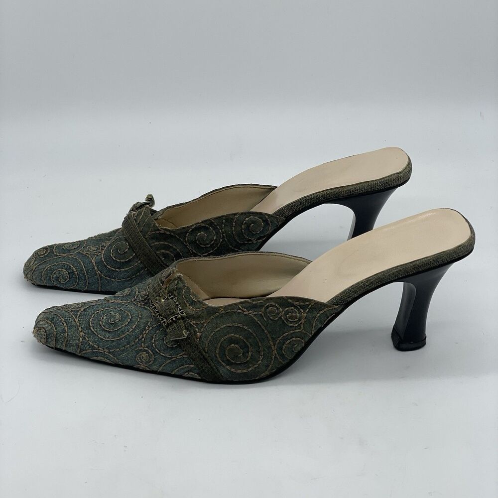 Slip On Mid Wash Denim Stitched 3in Heels Women’s 8 Blue Gold Buckle Accent Boho - Picture 8 of 16